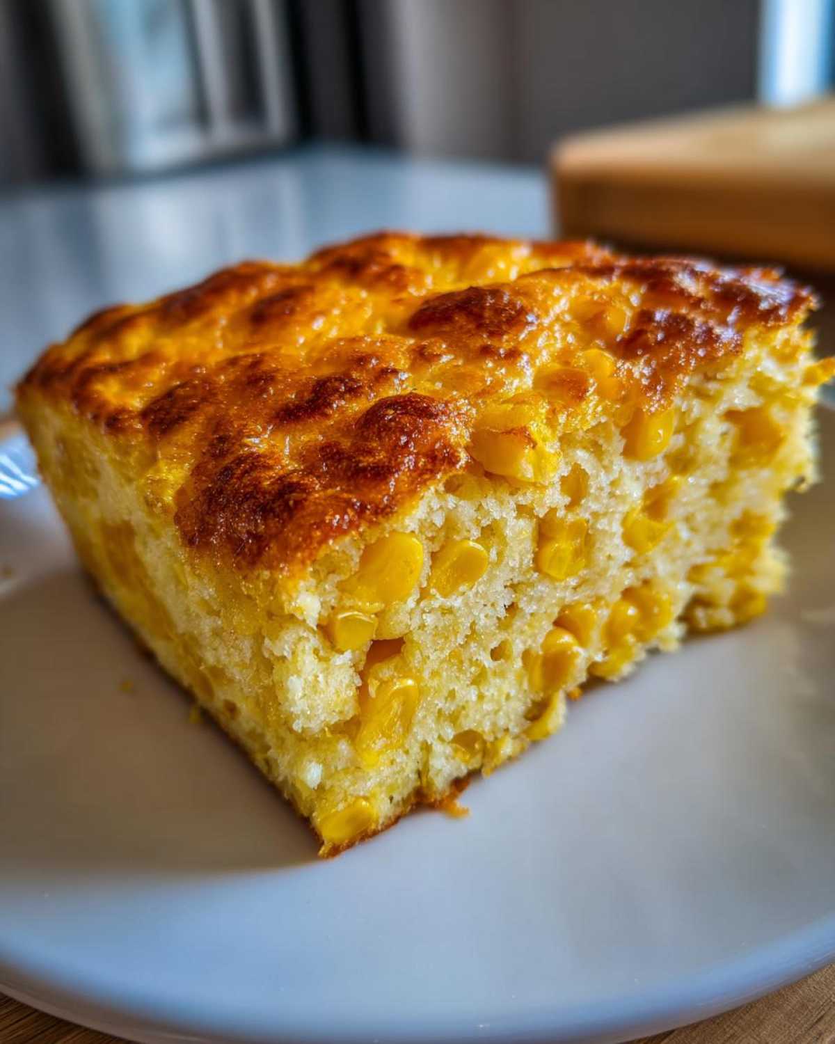 Close-up of a square slice of moist corn casserole packed with whole corn kernels.
