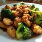 Close-up of pieces of glazed chicken and bright green broccoli florets served on a white plate, featuring the chicken and broccoli.