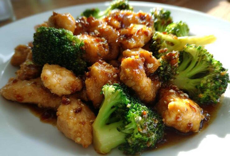 Close-up of pieces of glazed chicken and bright green broccoli florets served on a white plate, featuring the chicken and broccoli.