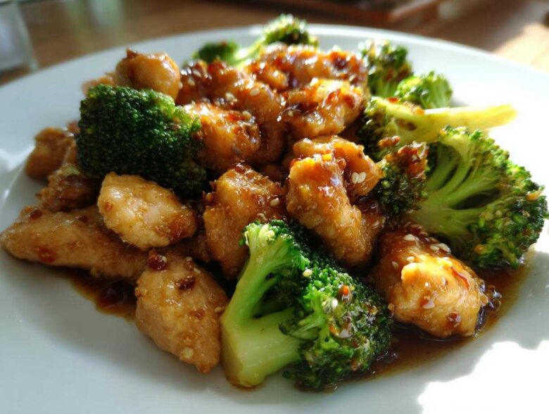 Close-up of pieces of glazed chicken and bright green broccoli florets served on a white plate, featuring the chicken and broccoli.