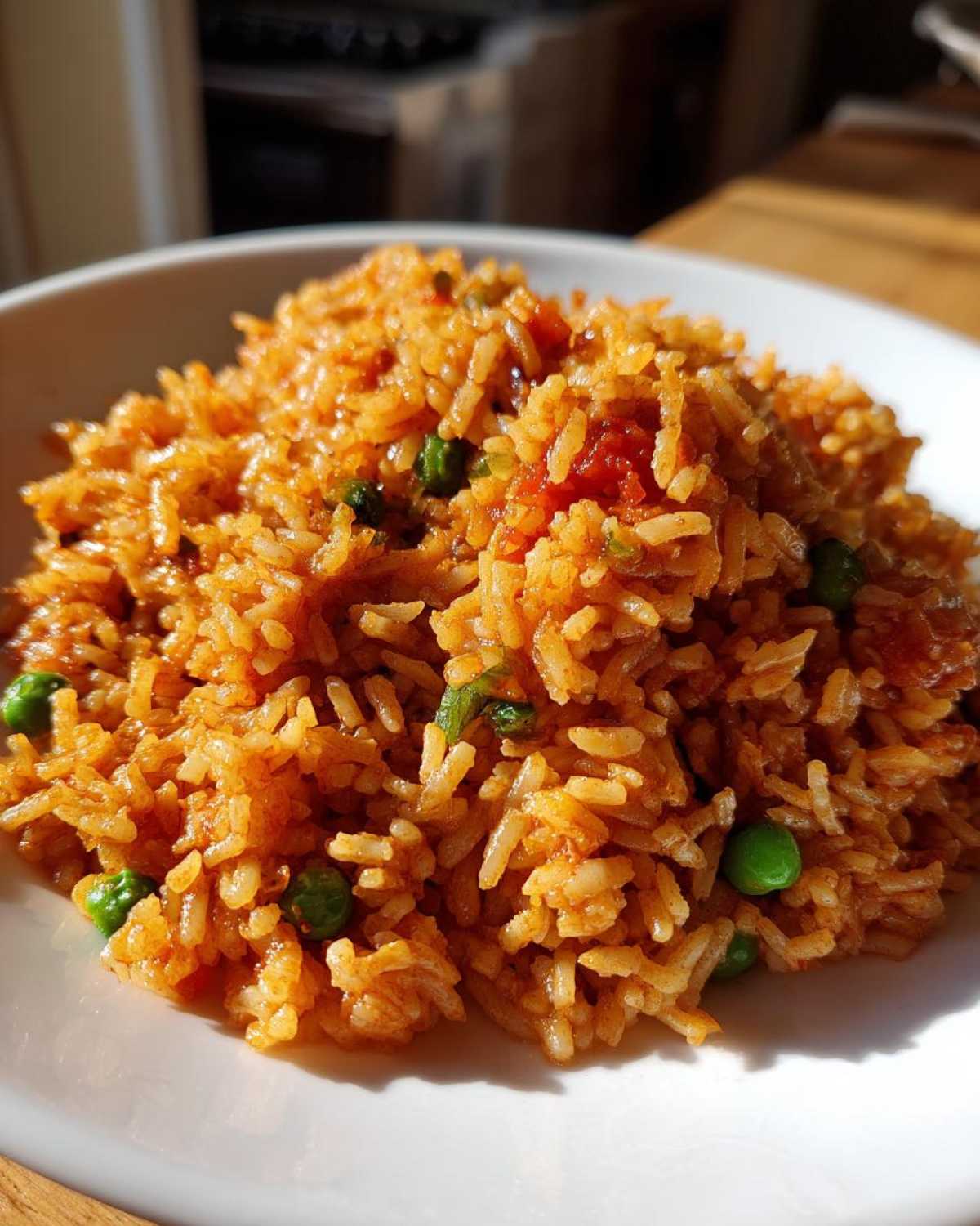 A close-up shot of a serving of vibrant orange Spanish rice mixed with bright green peas on a white plate.