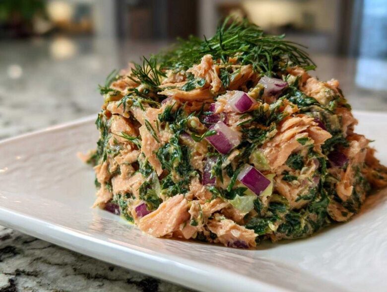 A mound of creamy salmon salad mixed with greens and red onion, topped with fresh dill.