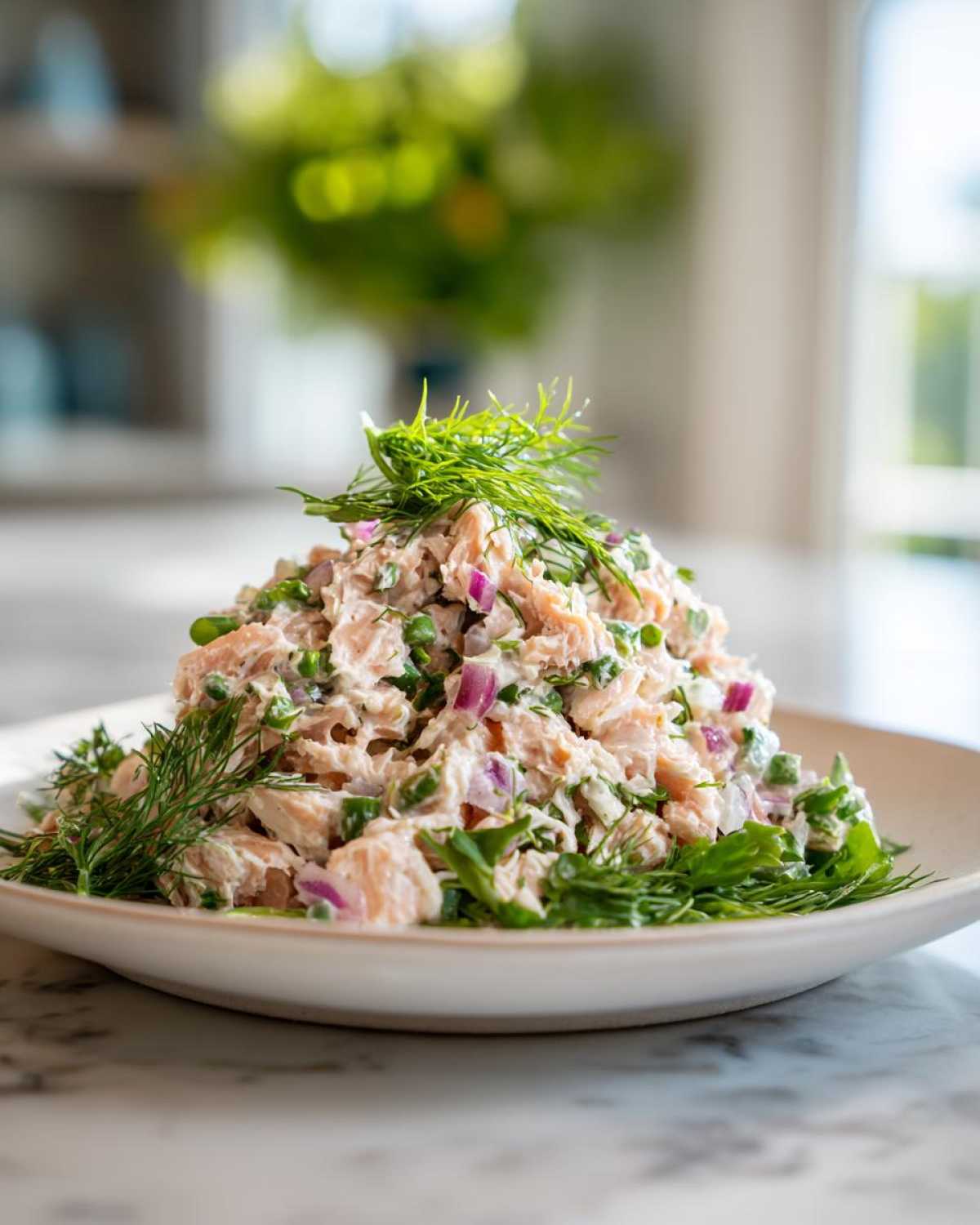 A generous mound of creamy salmon salad mixed with red onion and herbs, garnished with fresh dill.