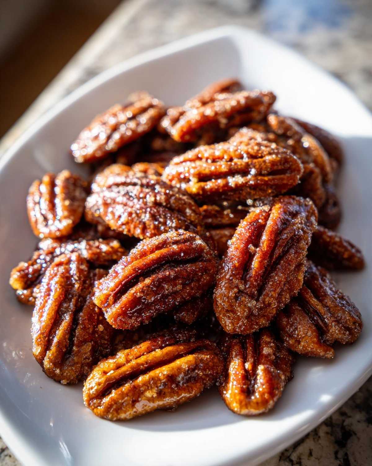 A close-up shot of glossy, sugary candied pecans piled high on a white serving dish.