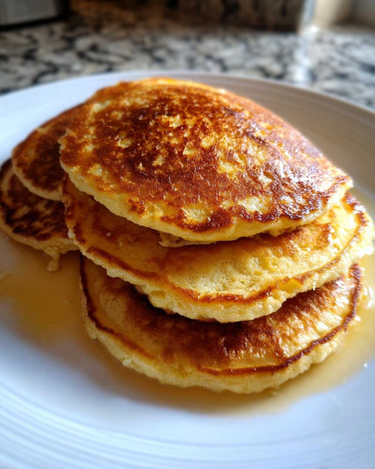 A close-up of a stack of golden brown almond flour pancakes drizzled with syrup on a white plate.