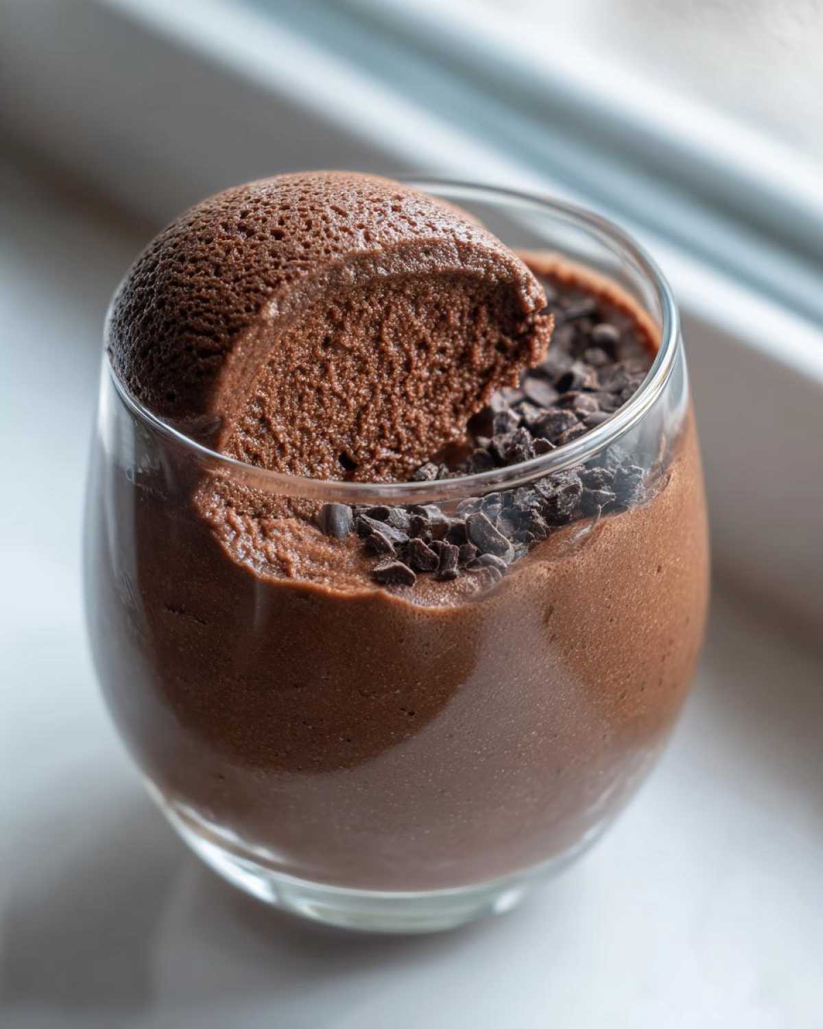 A scoop of rich, airy chocolate mousse topped with chocolate chips served in a clear glass.