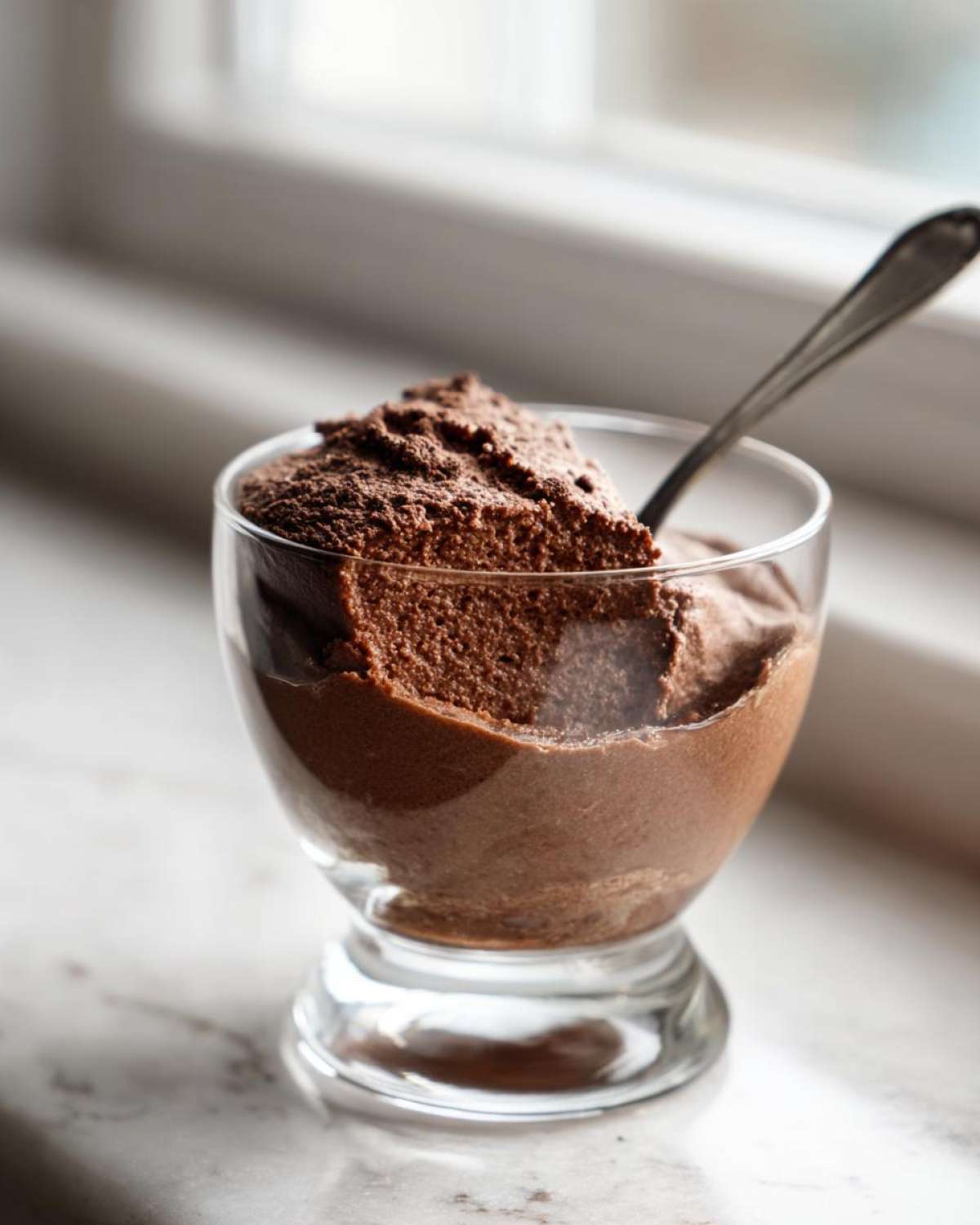 A glass filled with rich, airy chocolate mousse, ready to eat with a spoon.