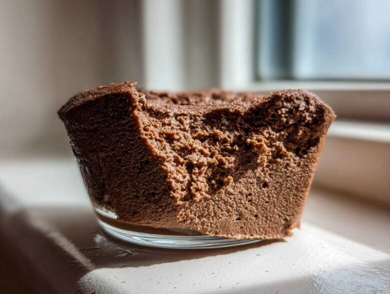 Close-up view showing the airy, rich texture of a serving of chocolate mousse in a glass dish.