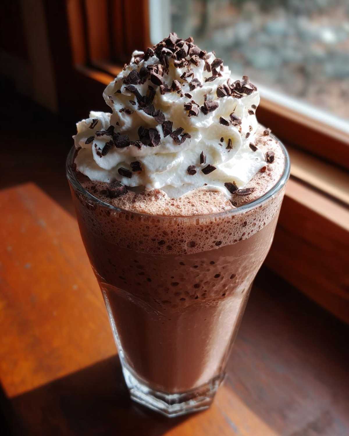 A tall glass of rich frozen hot chocolate topped with whipped cream and chocolate shavings.