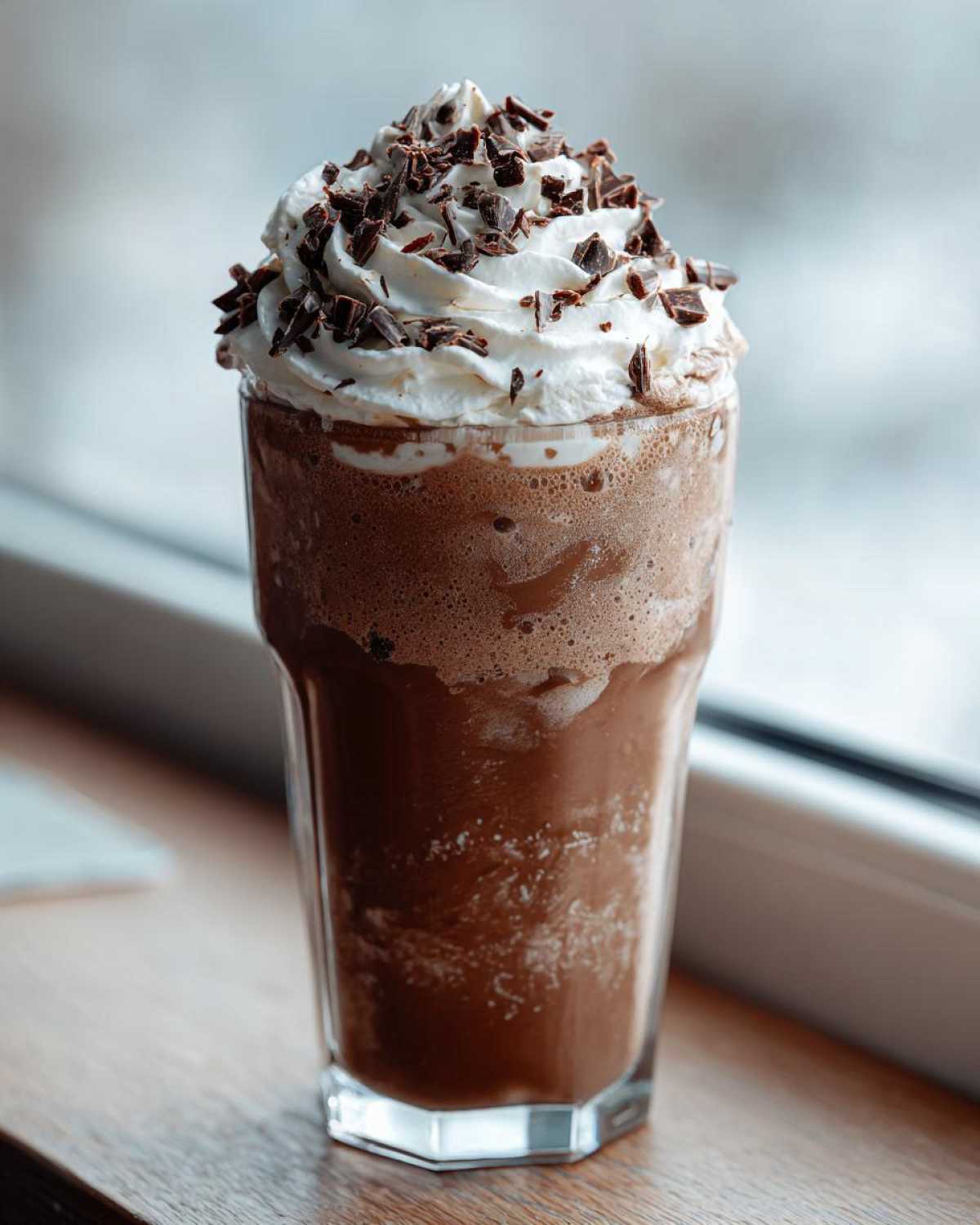 A tall glass filled with rich, blended frozen hot chocolate topped with whipped cream and chocolate shavings.