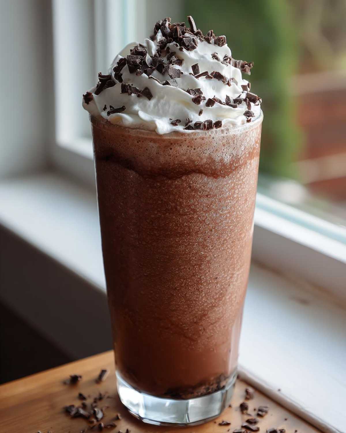 A tall glass filled with rich, blended frozen hot chocolate topped with whipped cream and chocolate shavings.