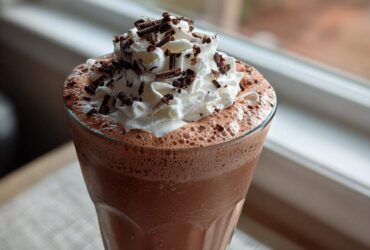 A tall glass of rich, blended frozen hot chocolate topped with whipped cream and chocolate shavings.