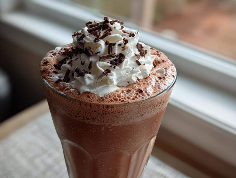 A tall glass of rich, blended frozen hot chocolate topped with whipped cream and chocolate shavings.