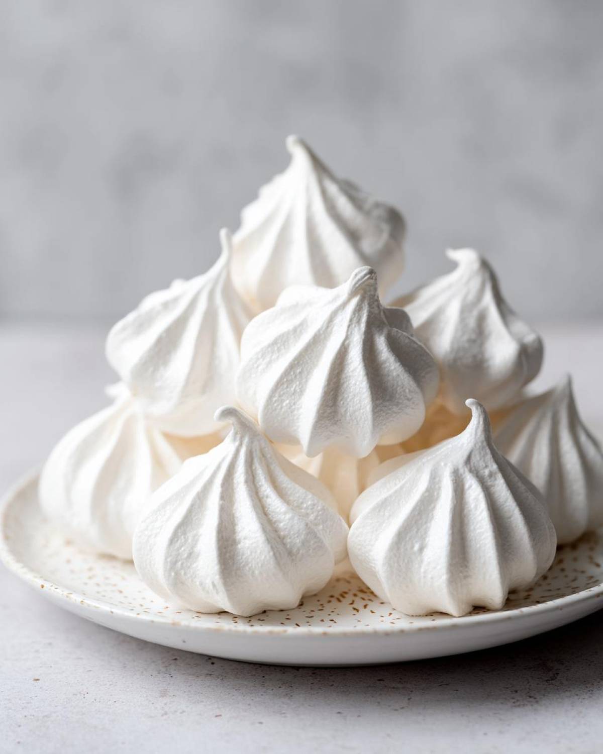 A pile of bright white, perfectly piped meringue cookies resting on a speckled white plate.