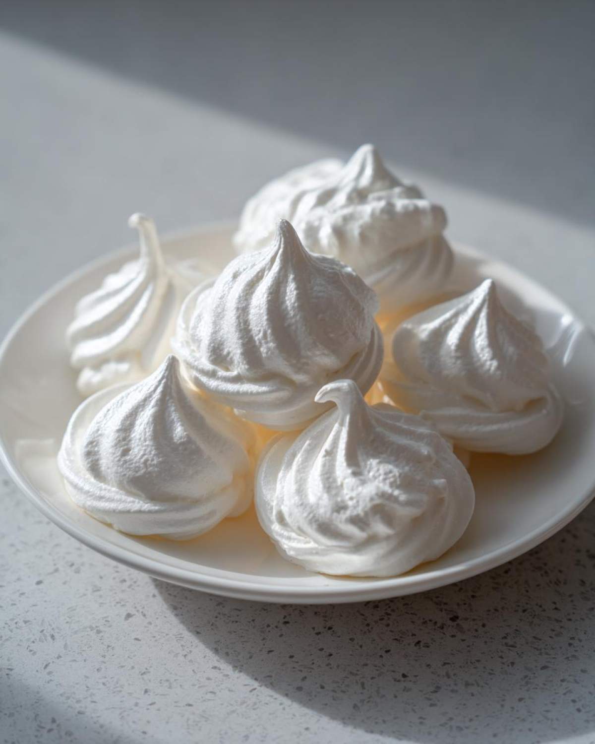 Close-up of several perfectly piped white meringue cookies stacked on a small white plate.