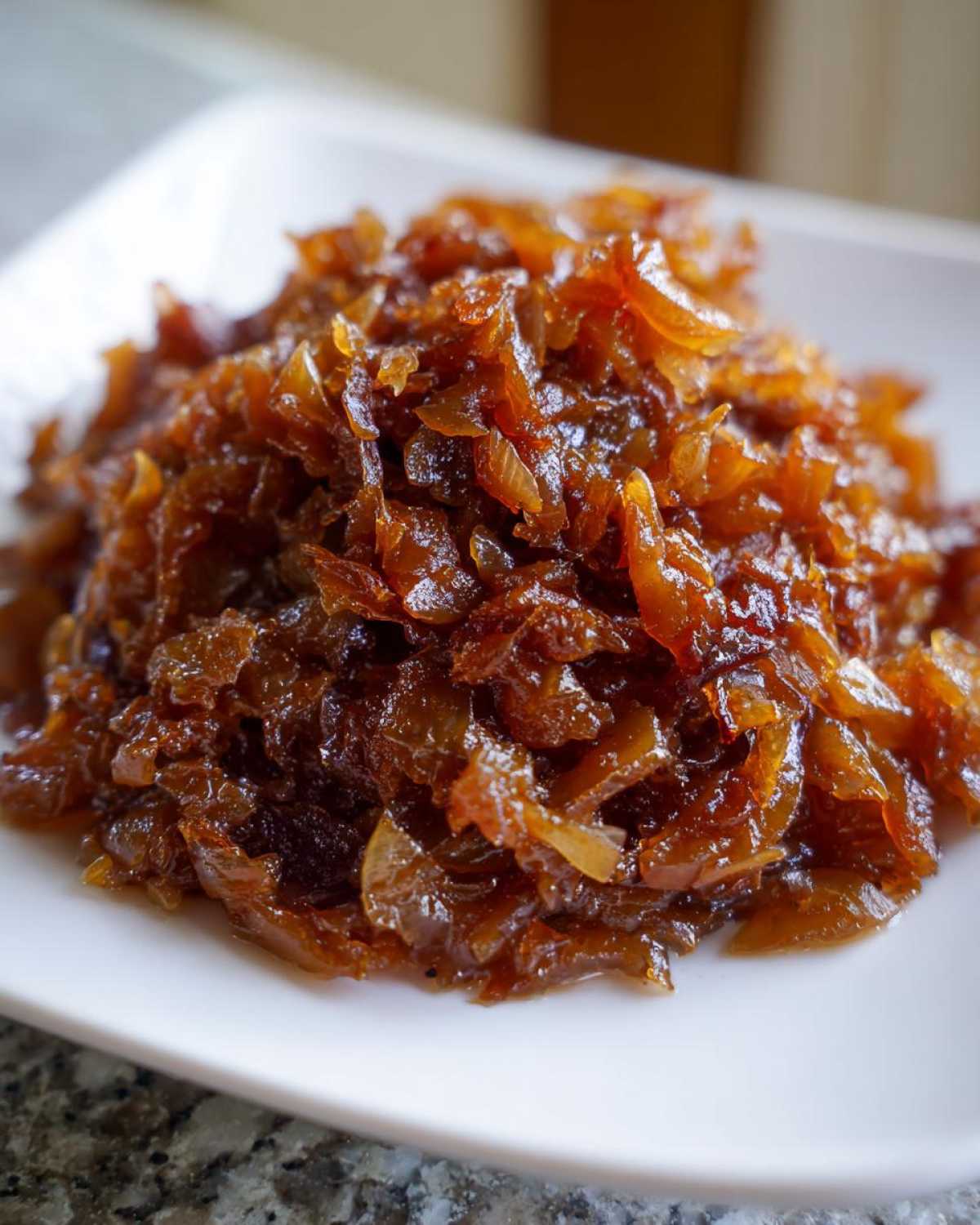 A close-up of a mound of rich, dark brown caramelized onions piled high on a white plate.