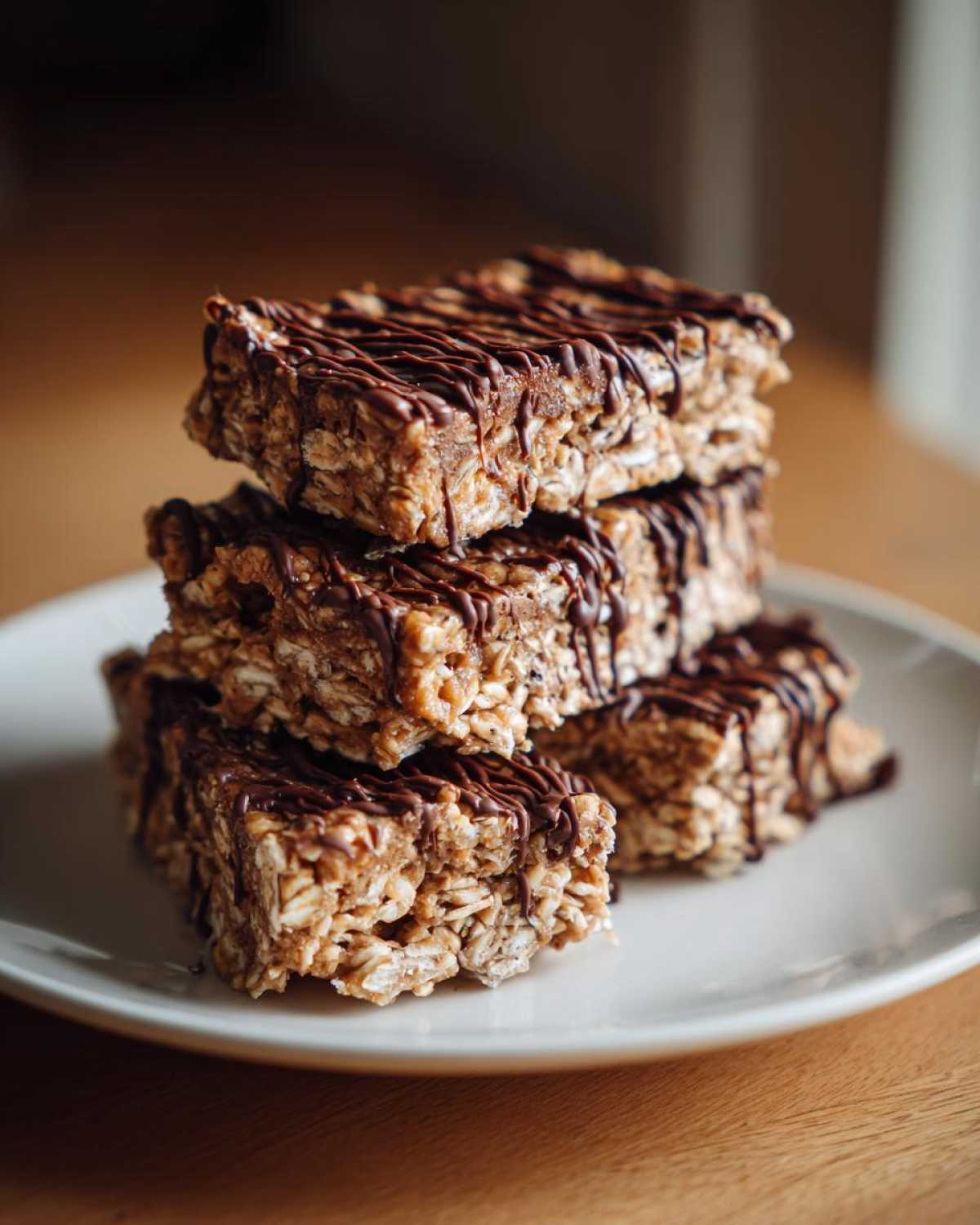 A stack of four homemade protein bars made with oats and drizzled generously with dark chocolate.