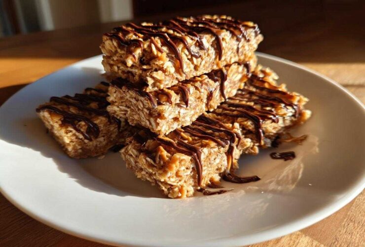 A stack of homemade, chewy protein bars made with oats and drizzled generously with melted dark chocolate.