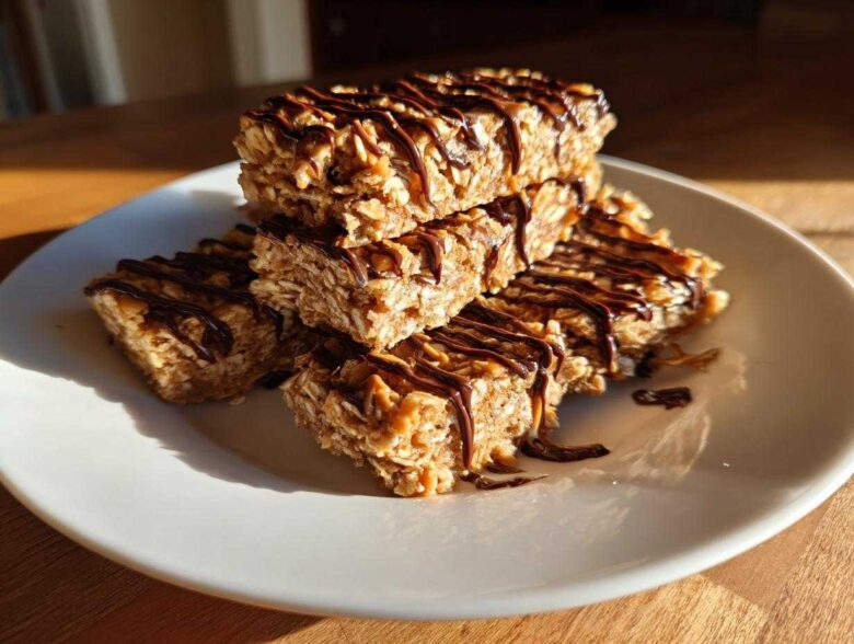A stack of homemade, chewy protein bars made with oats and drizzled generously with melted dark chocolate.
