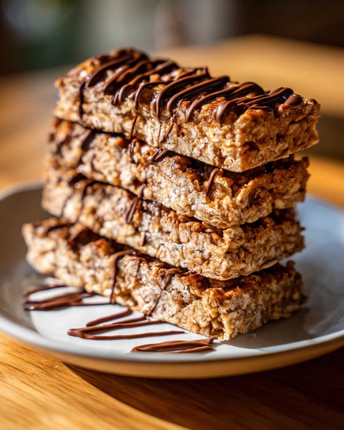 A stack of four homemade protein bars drizzled with dark chocolate, resting on a light plate.