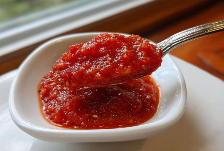 A spoonful of thick, vibrant red homemade pizza sauce being lifted from a small white dipping bowl.