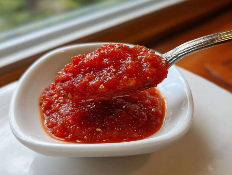 A spoonful of thick, vibrant red homemade pizza sauce being lifted from a small white dipping bowl.