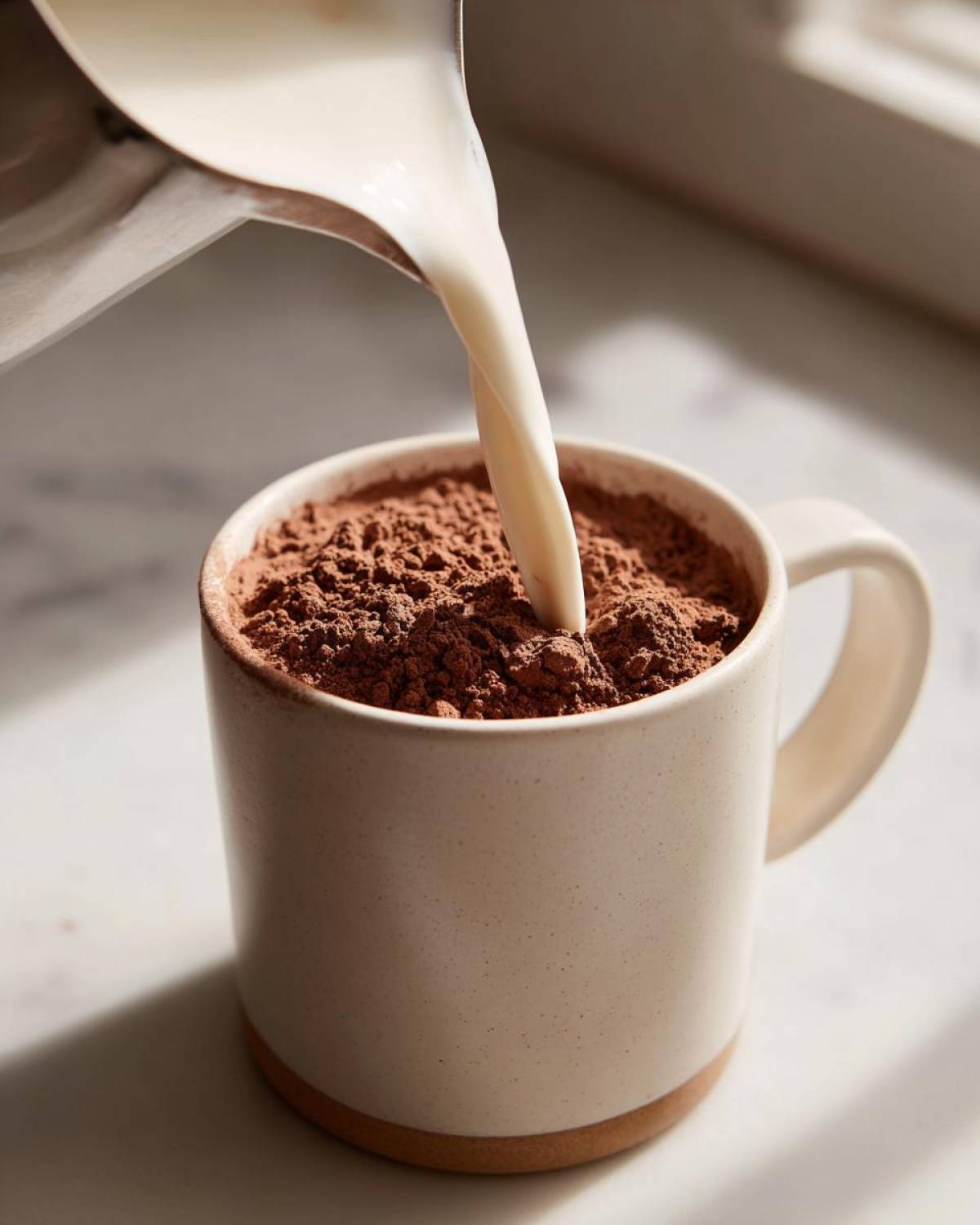 Milk being poured into a mug filled with rich brown hot cocoa mix powder.