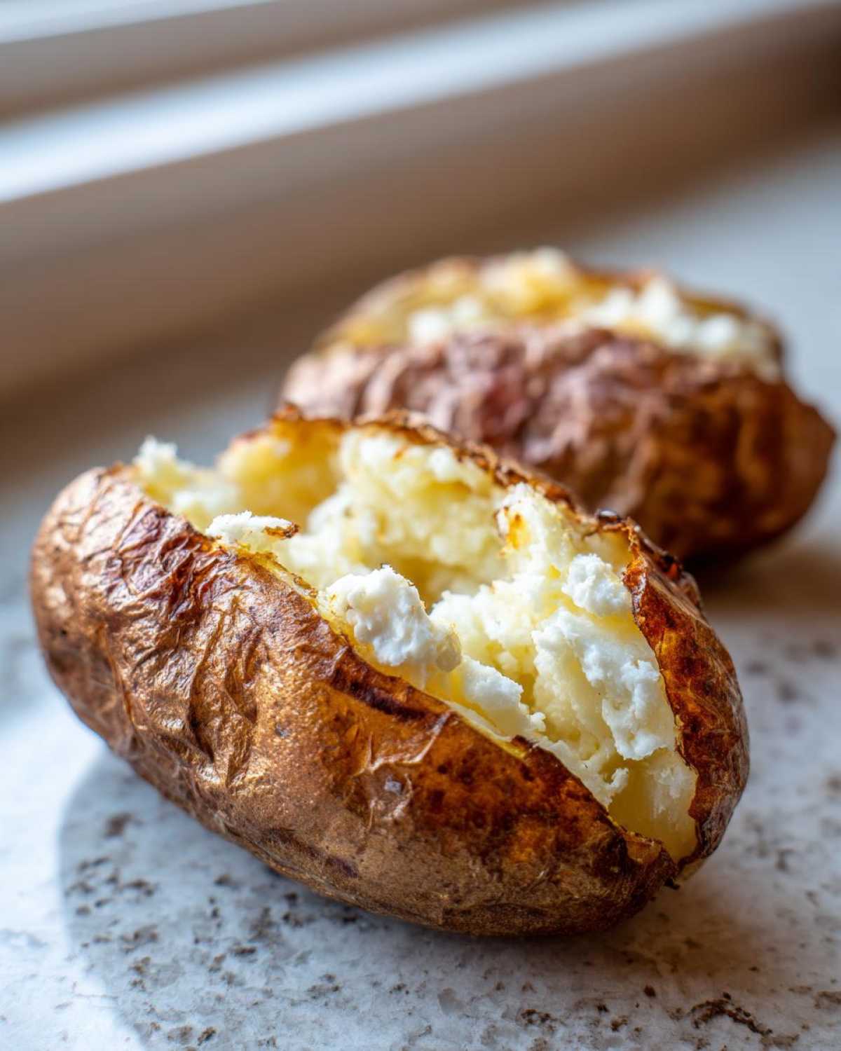 Close-up of a perfectly cooked air fryer baked potato, split open to reveal fluffy interior and melted butter.