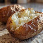 Close-up of a fluffy air fryer baked potato split open, showing the soft interior.