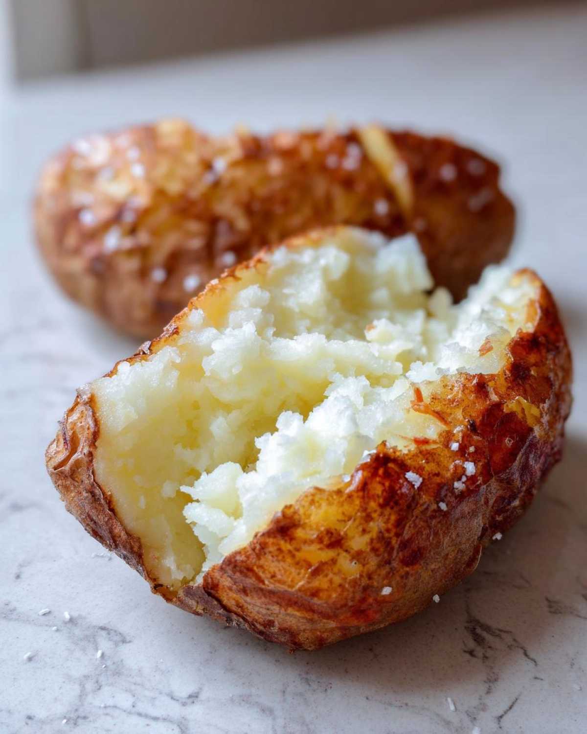 Close-up of a fluffy air fryer baked potato cut open, showing the soft interior and salted, crispy skin.