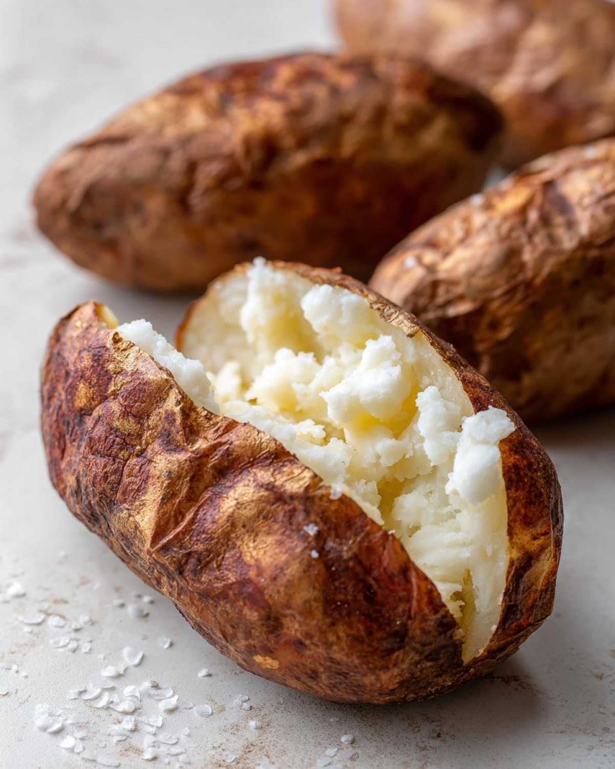 A close-up of a perfectly cooked air fryer baked potato, split open to show fluffy interior and crispy skin.