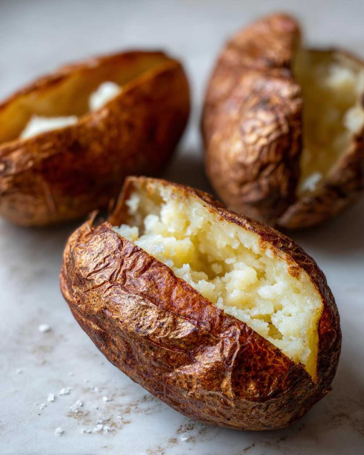 Close-up of a perfectly cooked air fryer baked potato, split open to show fluffy interior and crispy skin.