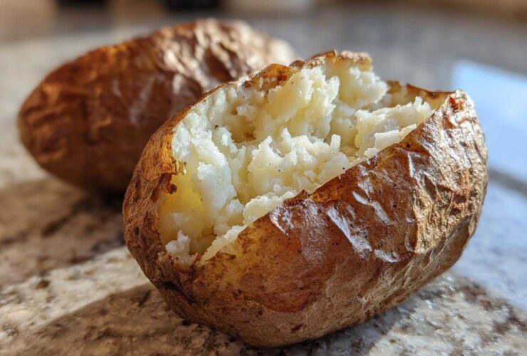 Close-up of a fluffy air fryer baked potato split open, showing the soft interior.