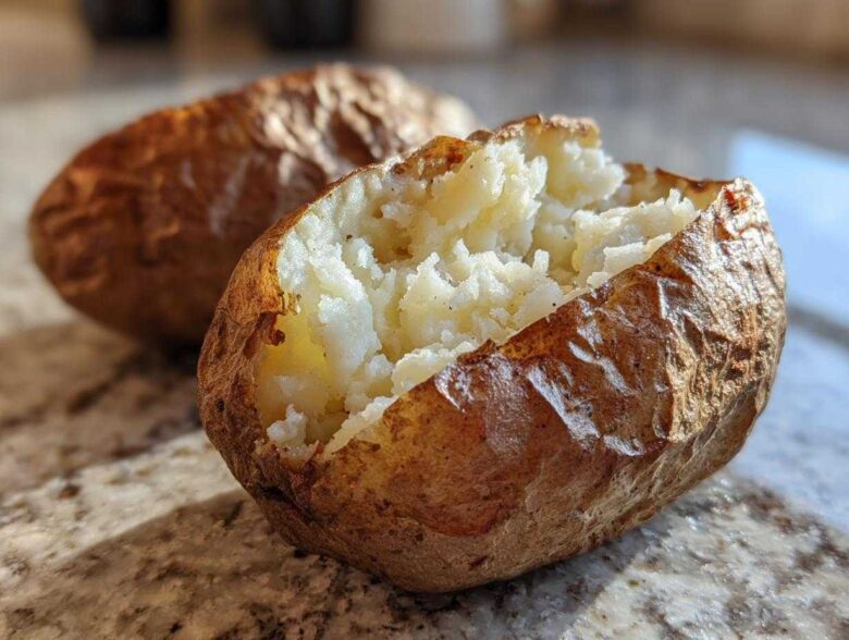Close-up of a fluffy air fryer baked potato split open, showing the soft interior.