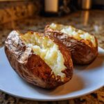 Two perfectly cooked air fryer baked potato halves showing fluffy insides and crispy, salted skins.