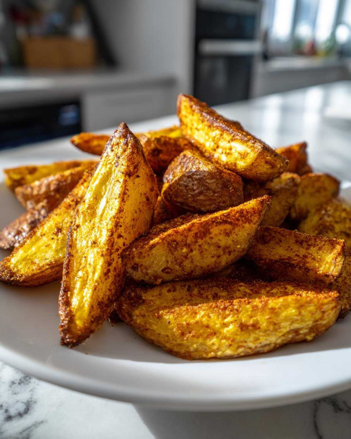 A close-up of golden, seasoned air fryer potato wedges piled high on a white plate.