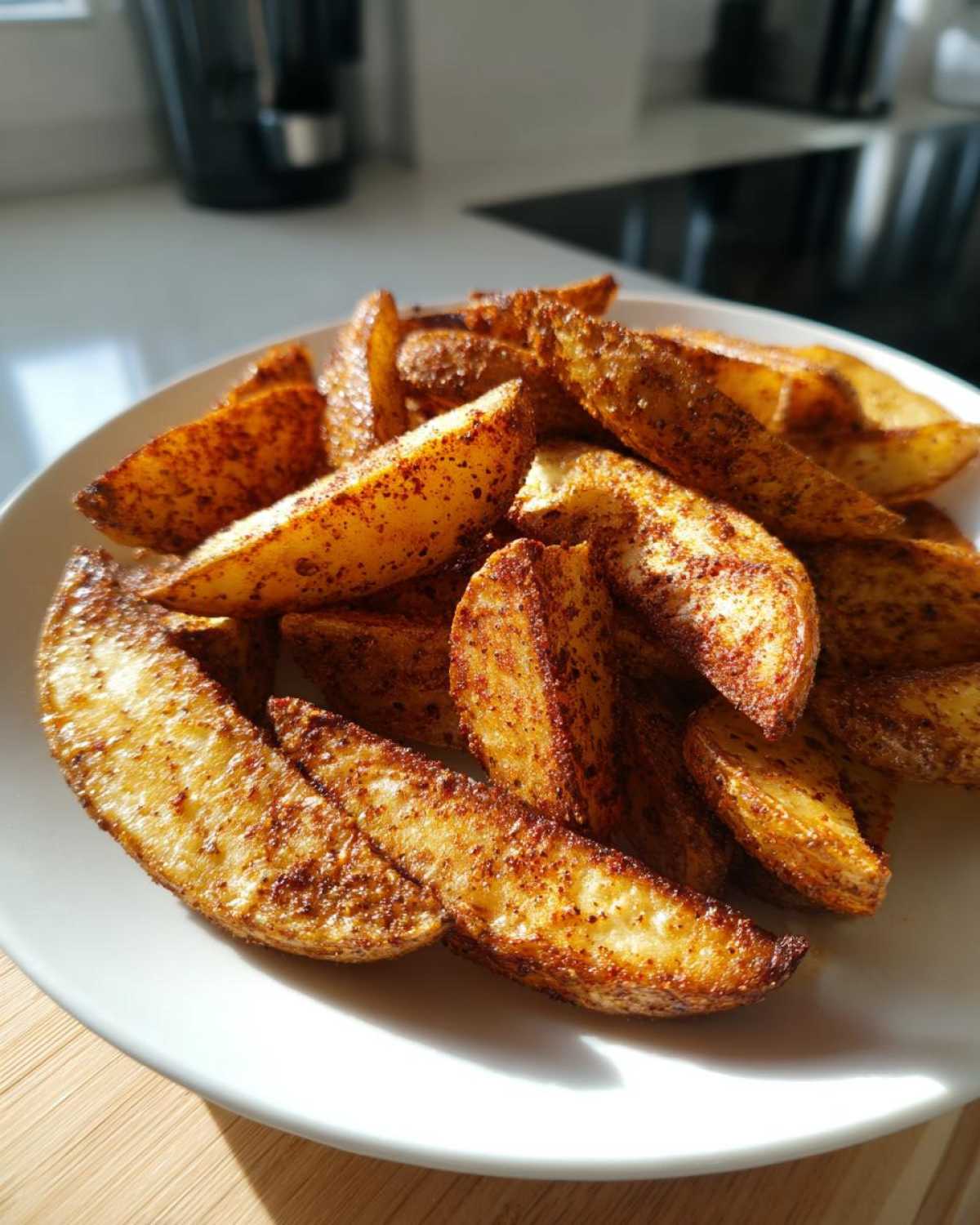 A close-up of crispy, golden-brown air fryer potato wedges heavily seasoned with paprika, served on a white plate.