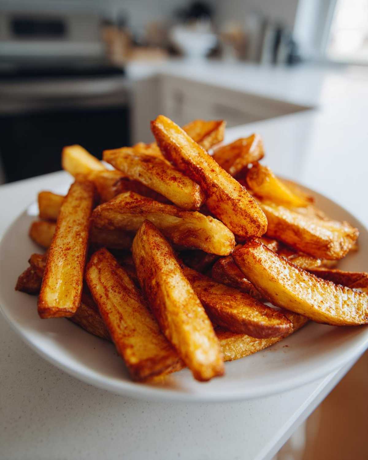 A close-up shot of a mound of golden, seasoned air fryer potato wedges piled high on a white plate.