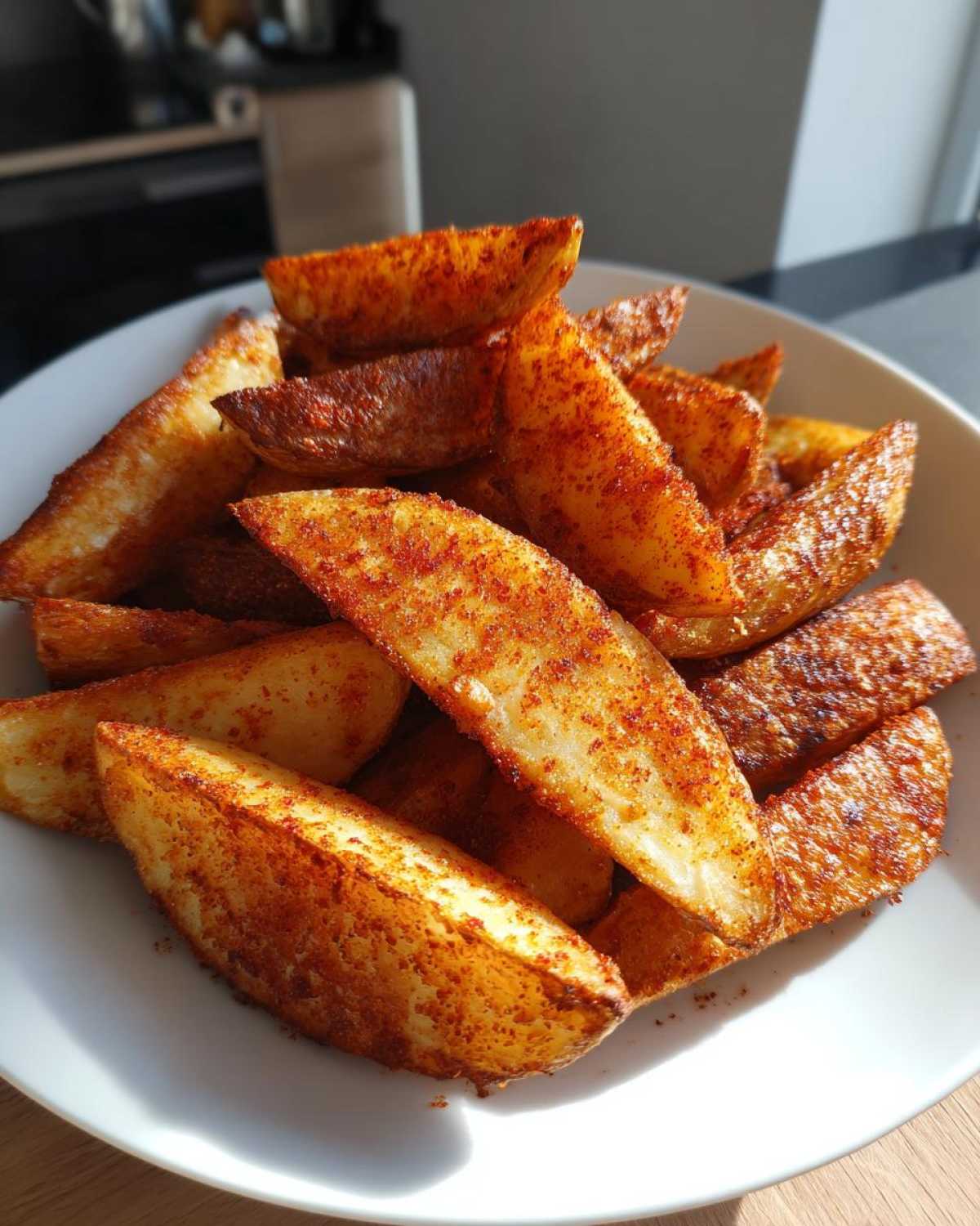 A white bowl piled high with golden brown, crispy air fryer potato wedges dusted heavily with red paprika seasoning.