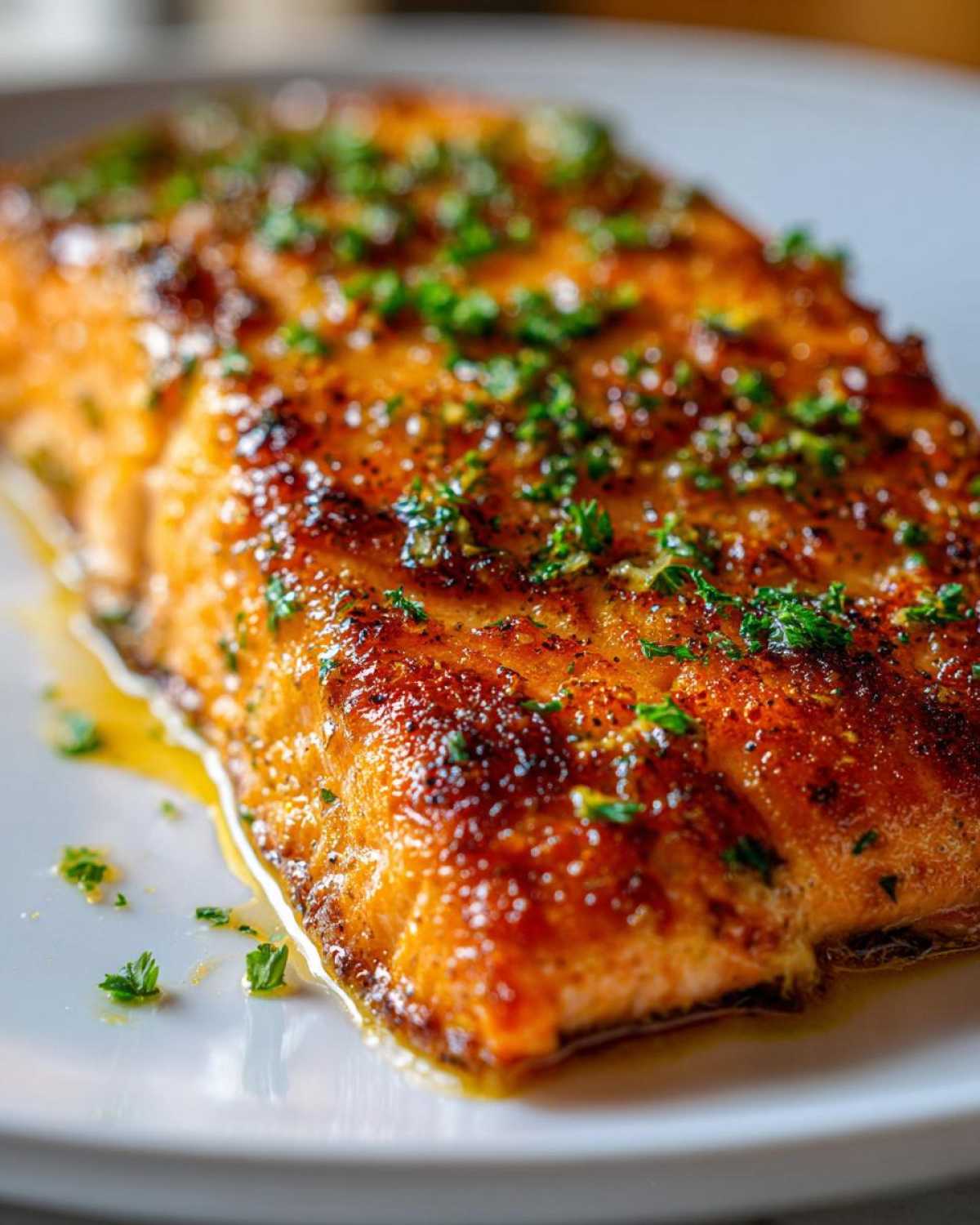 Close-up of a beautifully browned and glazed air fryer salmon fillet topped with fresh chopped parsley.