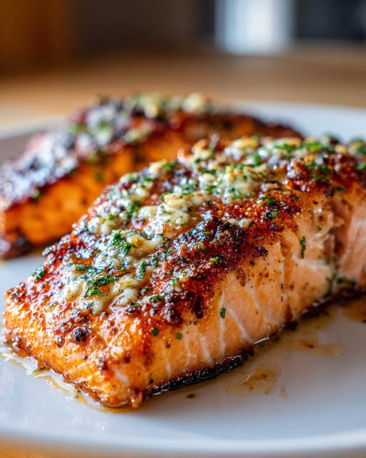 Close-up of a juicy, perfectly cooked air fryer salmon fillet topped with melted garlic butter and fresh parsley.