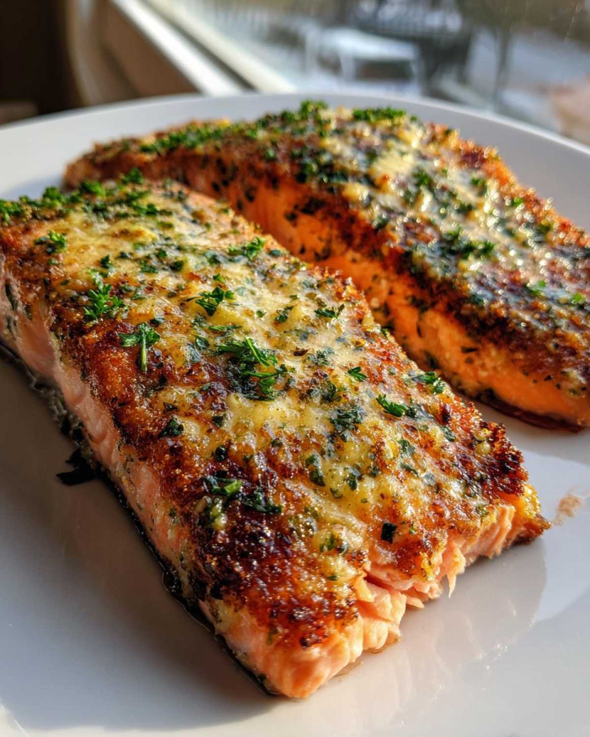 Two golden, flaky fillets of air fryer salmon topped with melted butter, garlic, and fresh parsley.