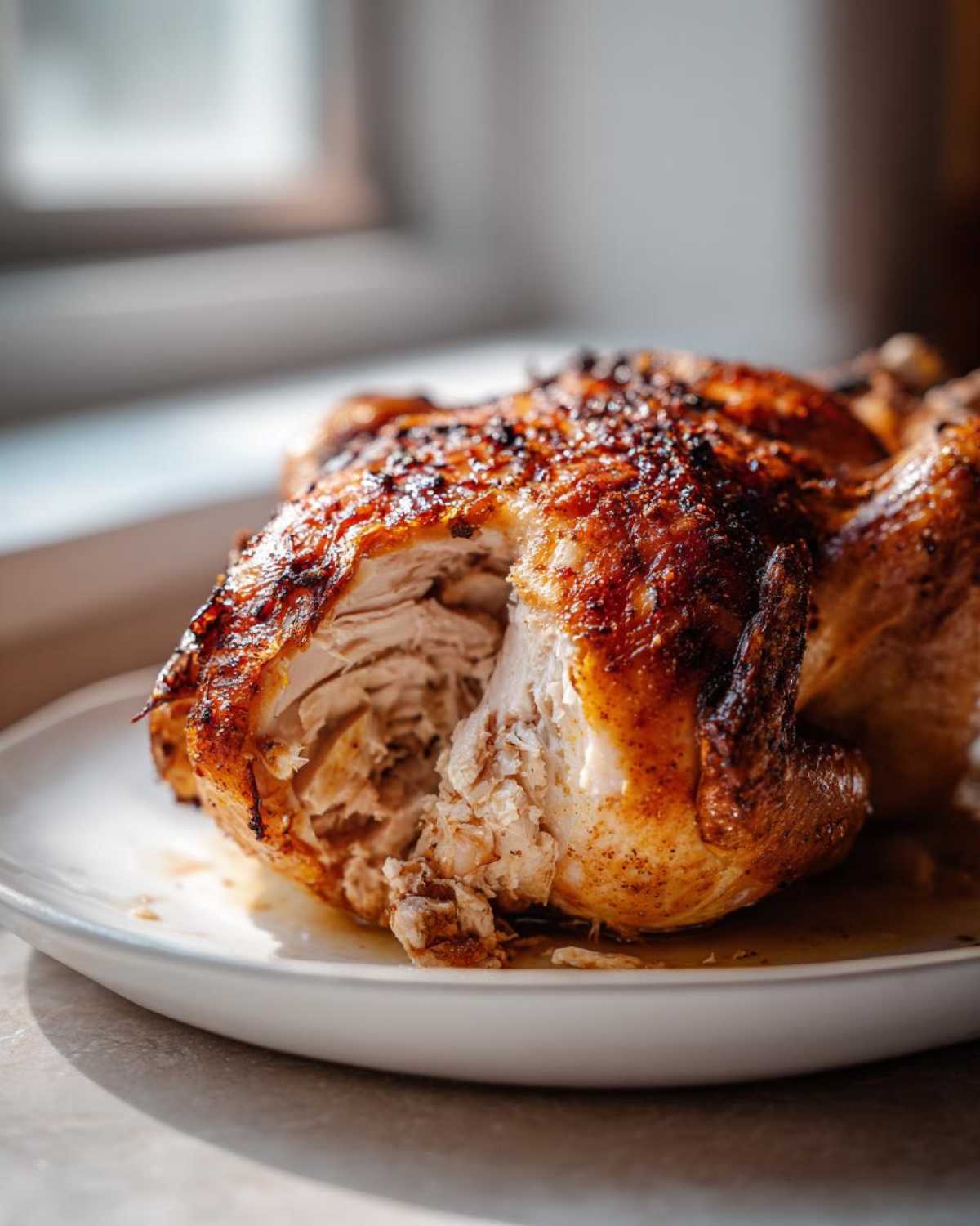 Close-up of a perfectly cooked air fryer whole chicken with golden, crispy skin and juicy white meat exposed.