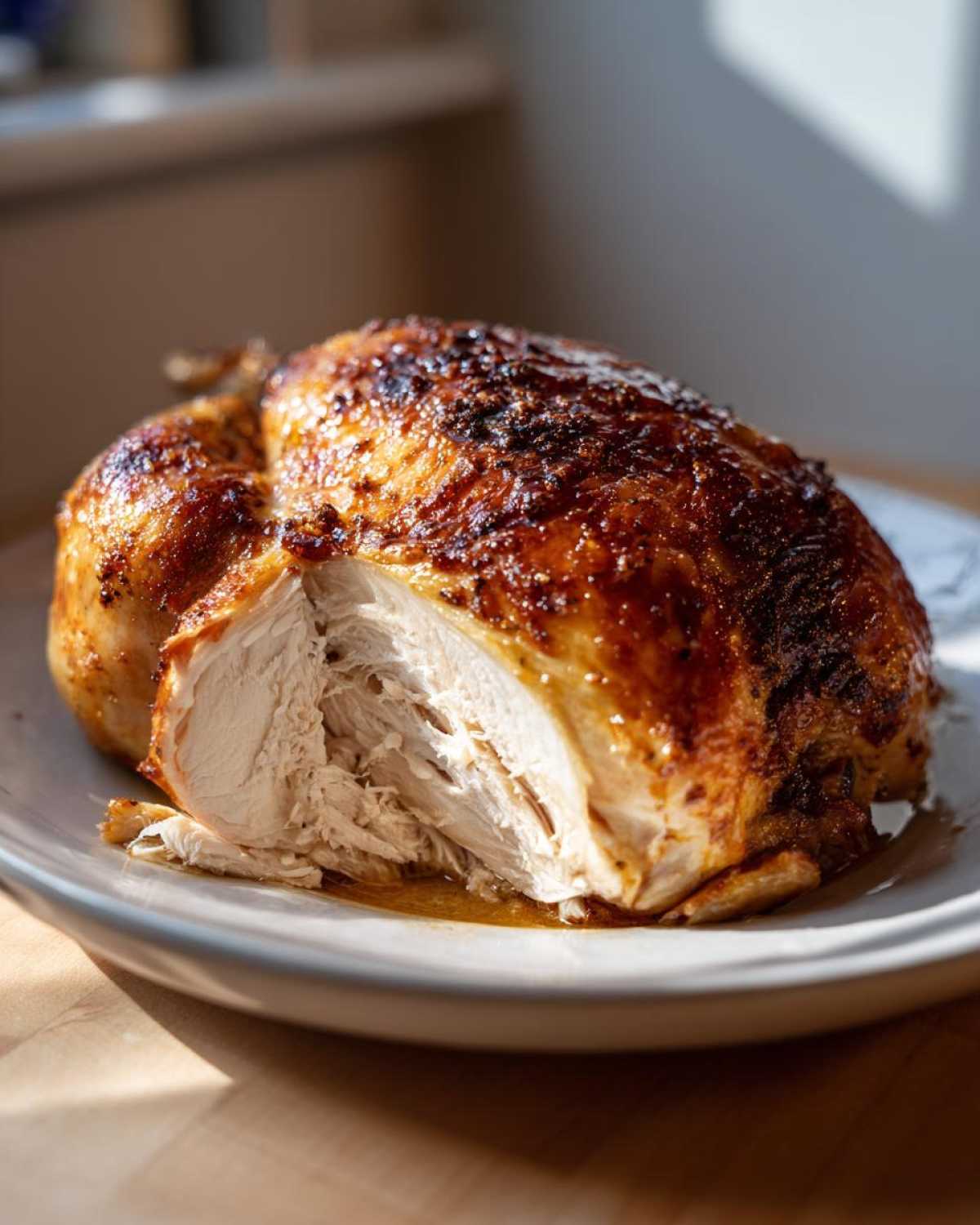 A perfectly cooked air fryer whole chicken with a slice cut out showing moist white meat and crispy, browned skin.