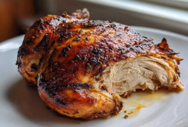 Close-up of a perfectly cooked air fryer whole chicken, showing crispy skin and moist, shredded white meat.