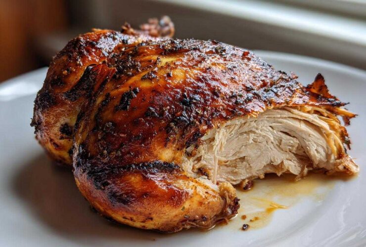 Close-up of a perfectly cooked air fryer whole chicken, showing crispy skin and moist, shredded white meat.