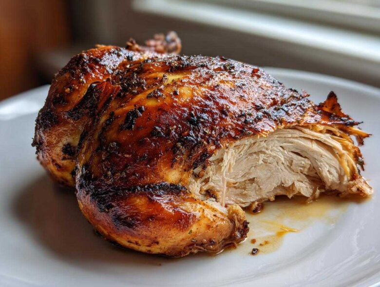 Close-up of a perfectly cooked air fryer whole chicken, showing crispy skin and moist, shredded white meat.