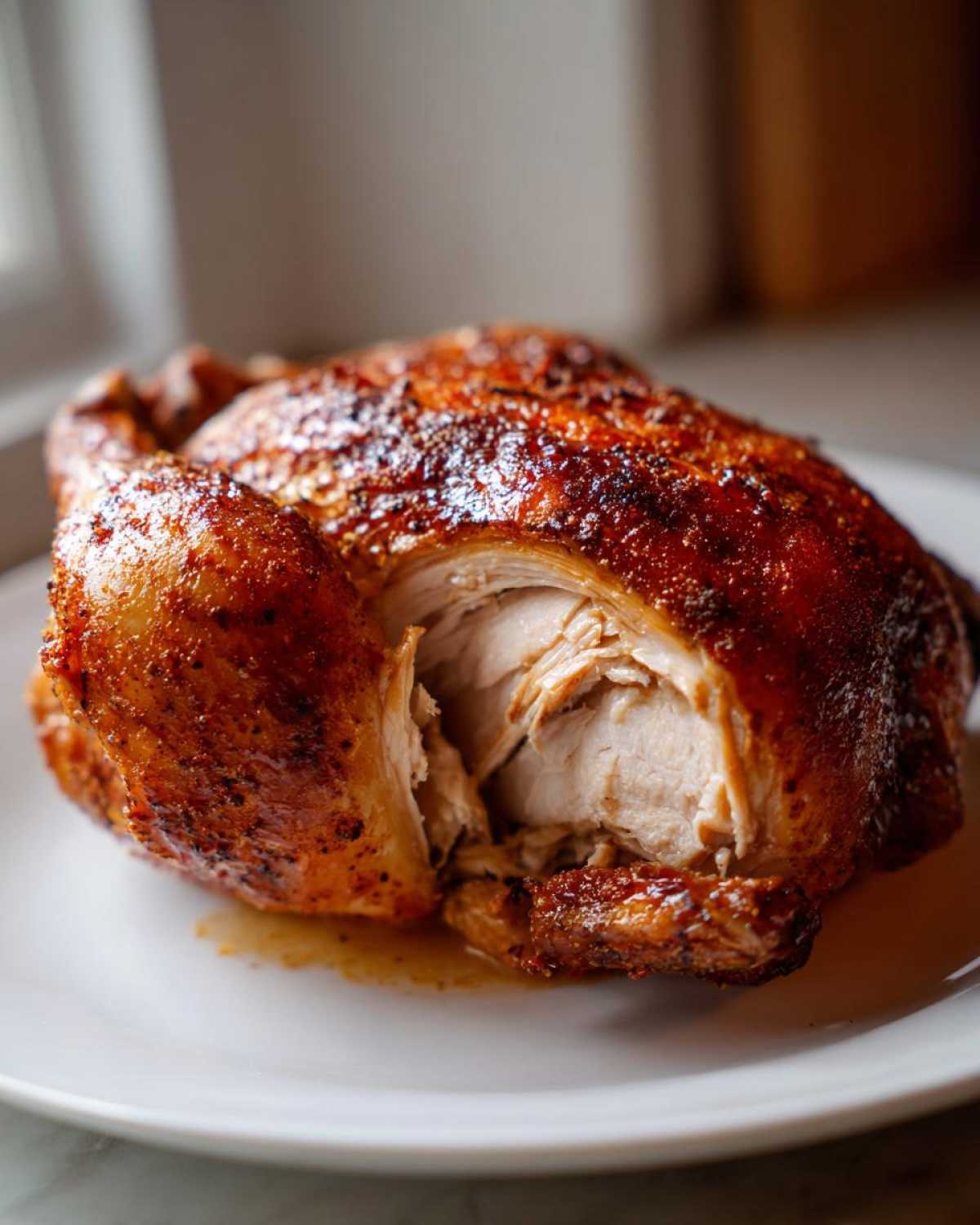 A perfectly cooked air fryer whole chicken resting on a white plate, showing juicy white meat inside where a piece has been removed.