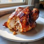 A perfectly cooked air fryer whole chicken resting on a plate, showing moist, shredded white meat exposed.