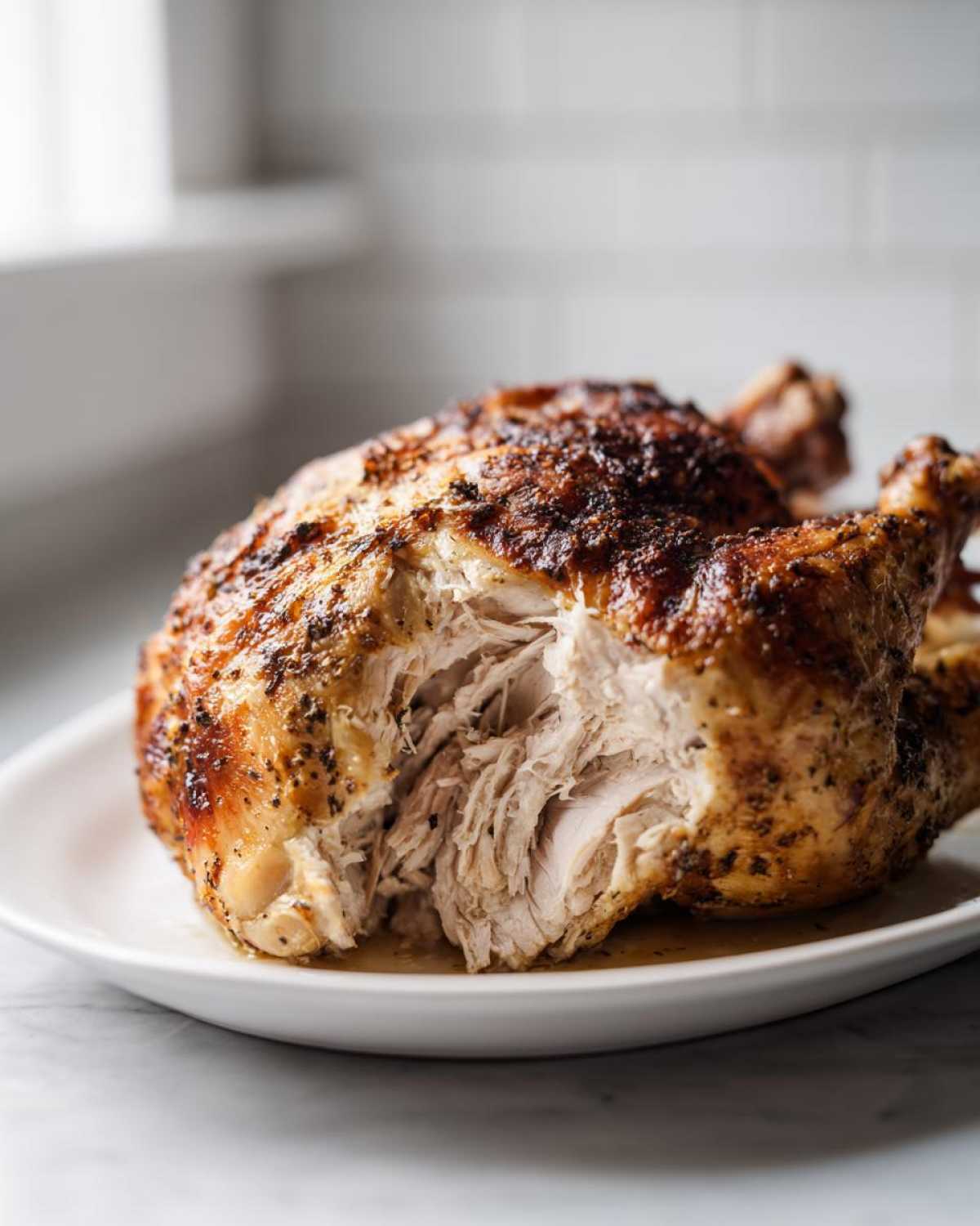 Close-up of a perfectly cooked air fryer whole chicken, showing the shredded, juicy white meat exposed.